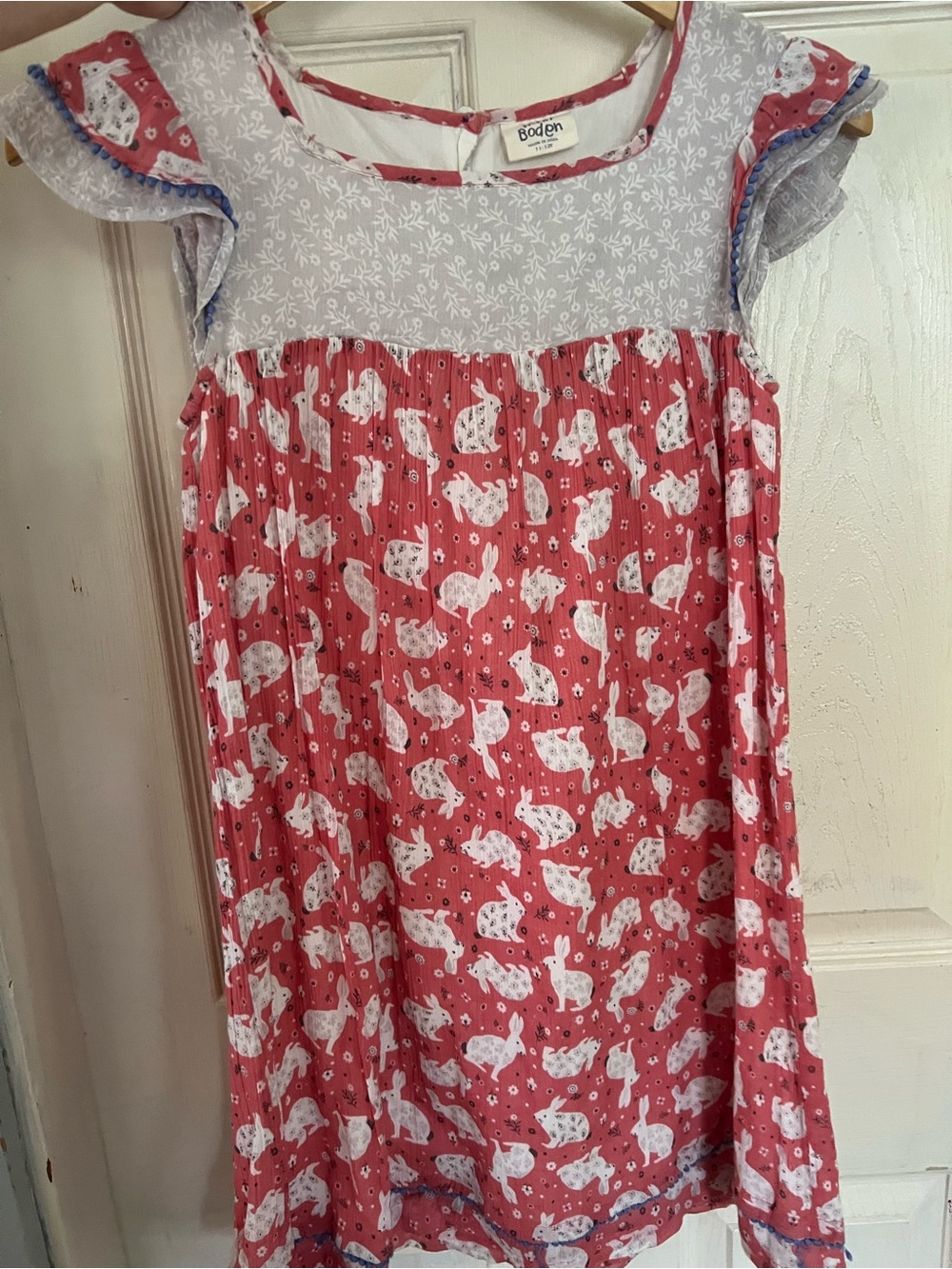 Mini Boden pink and white ruffle dress with rabbits